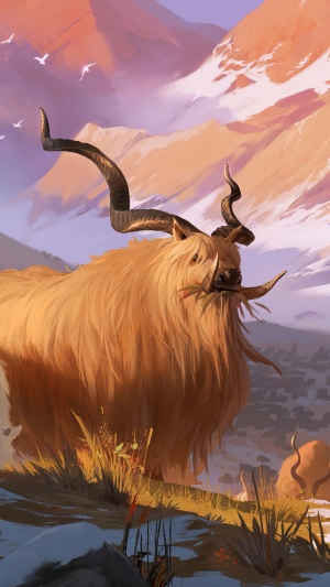 A fluffy goat-like creature with large horns in a mountainous landscape