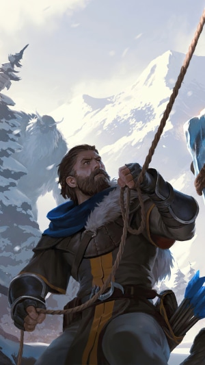 Man climbing rope in snowy mountains with yeti