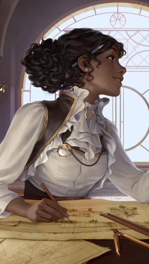 Woman drawing blueprints in Legends of Runeterra