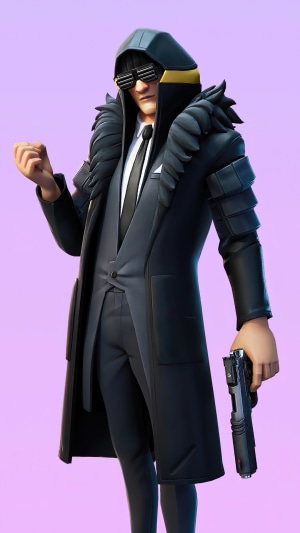 Fortnite character in a suit with a gun