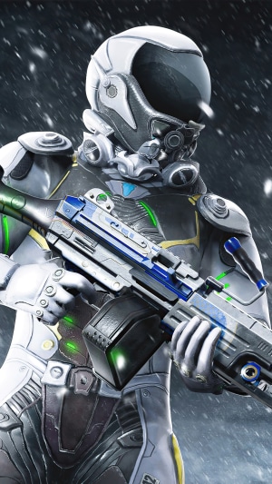 Soldier in futuristic armor holding a rifle