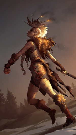 Tribal warrior with mohawk and fur in a snowy forest
