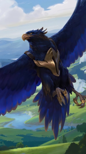 A dark blue eagle with golden armor flies over a green landscape.