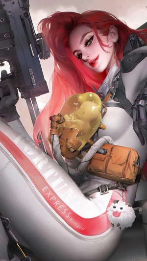 Miss Fortune from League of Legends holding a baby in a pod