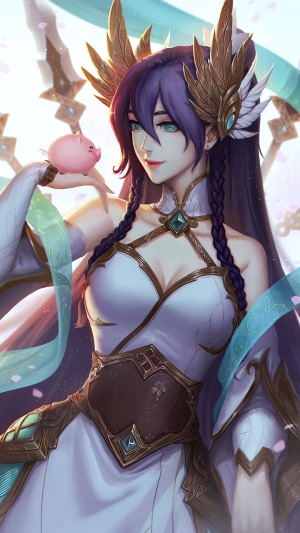 Irelia from League of Legends holding a pig