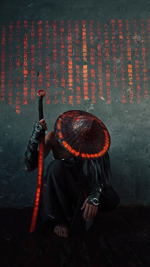 Warrior with glowing sword and conical hat