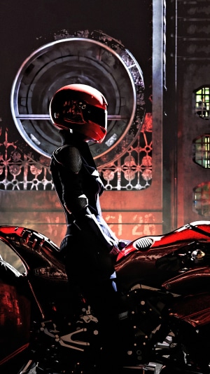 Cyberpunk girl in red helmet on a motorcycle
