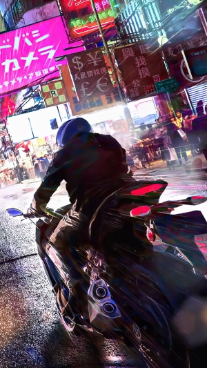 Motorcyclist in a Neon City at Night