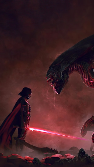 Darth Vader from Star Wars fighting an Alien