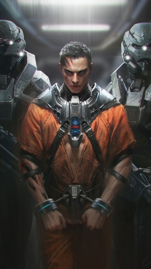 Sci-fi prisoner with robotic guards