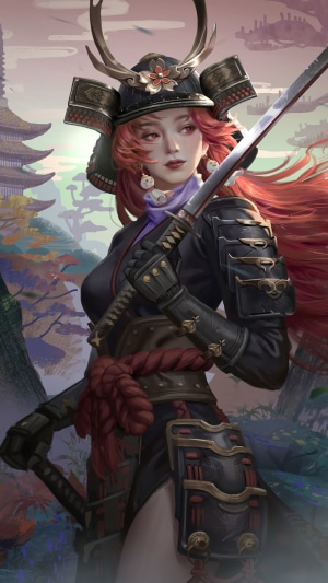 Samurai woman with katana in traditional Japanese landscape