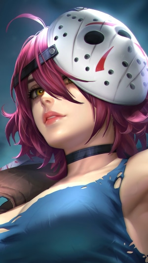 Girl in Jason Voorhees mask with pink hair
