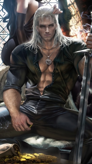 Geralt from The Witcher holding a sword