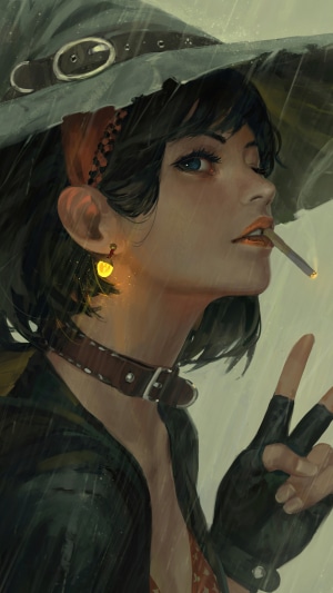 Woman in witch hat smoking in the rain