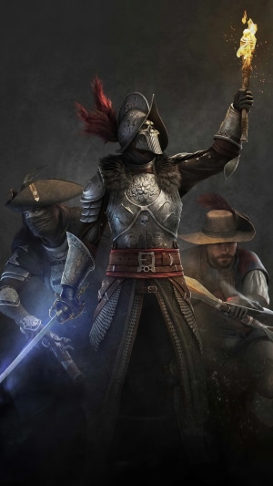 New World video game characters with swords and torch