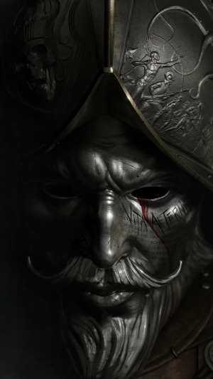 Close-up of a New World video game character's helmet