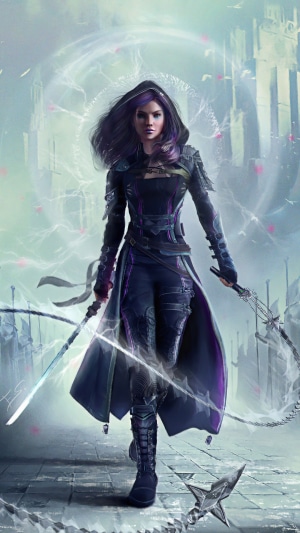 Warrior girl with purple hair and weapons