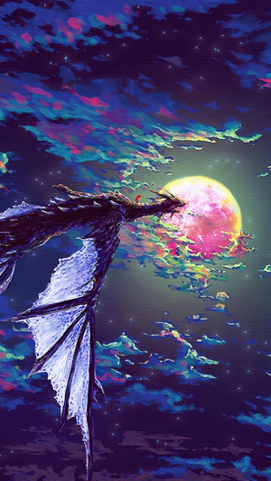 Dragon flying with a rider near a colorful moon