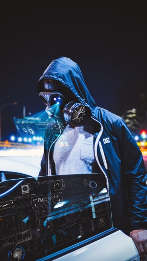Man in gas mask with futuristic HUD