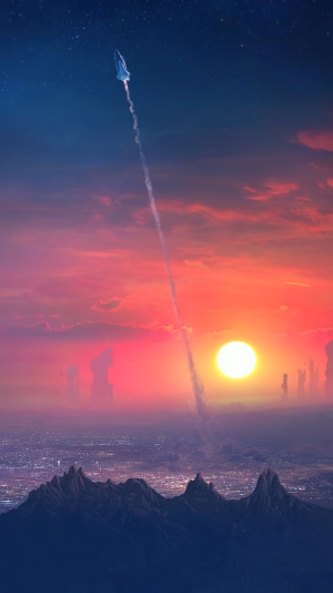 Sci-Fi Rocket Launch Over Futuristic City at Sunset