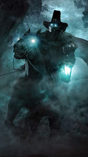 Solomon Kane on a horse with a lantern