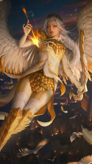 Angel warrior with bow and arrow in flight