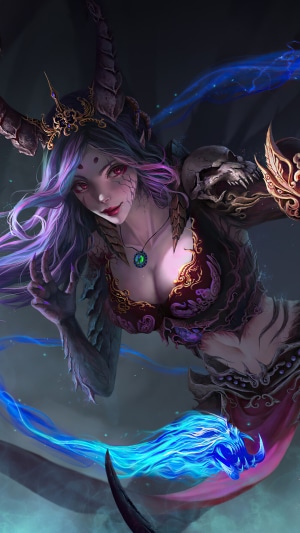 Demon warrior girl with horns and blue energy