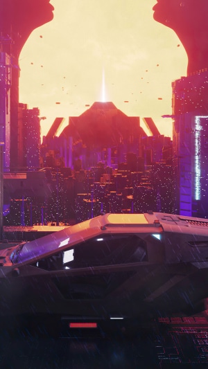 Cyberpunk city with flying car and pyramid structure