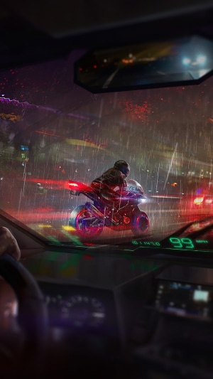 Motorcyclist in a Cyberpunk City at Night