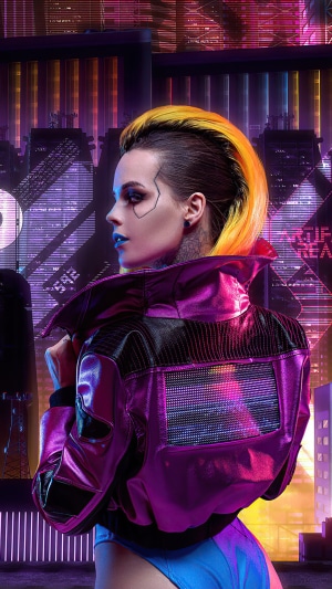 Girl from Cyberpunk 2077 in a futuristic city