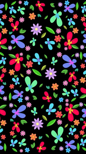 Colorful abstract flowers and leaves on black background