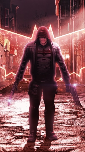 Red Hood with guns in alleyway