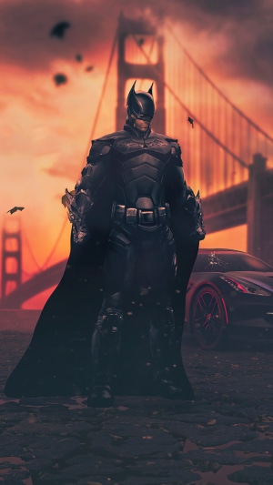 Batman in front of the Golden Gate Bridge