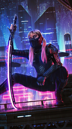 Cyberpunk warrior with neon sword in city