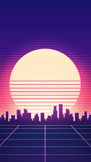 Retrowave cityscape with a large sun and grid floor
