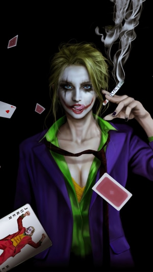 Woman dressed as Joker smoking a cigarette