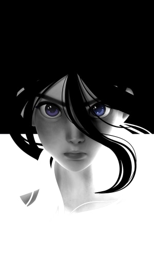 Artwork of a girl with purple eyes