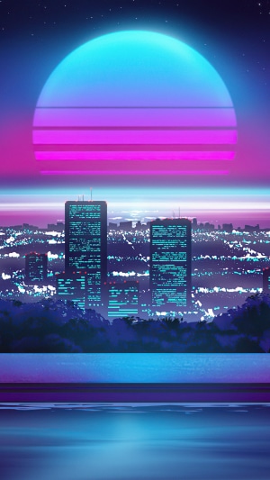 Synthwave cityscape with neon sun and stars