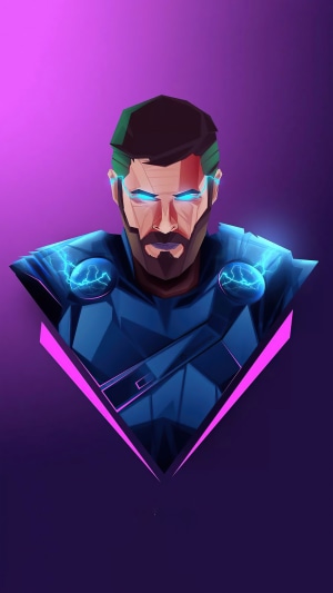 Minimalist digital art of Thor with glowing blue eyes