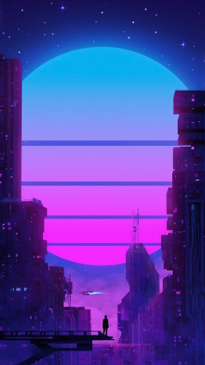 Cyberpunk city with a lone figure and a spaceship