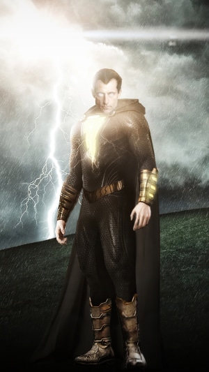 Black Adam in a stormy landscape