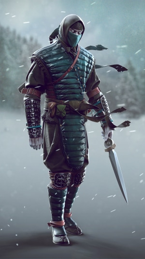 Scorpion from Mortal Kombat in a snowy environment