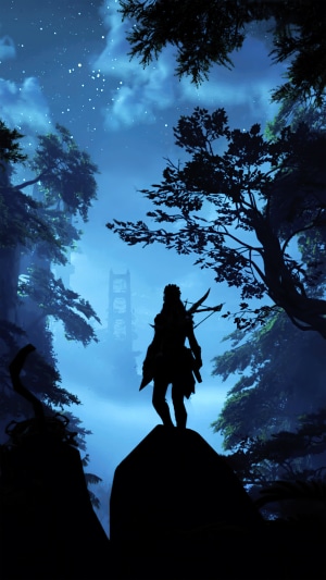 Aloy from Horizon Forbidden West in a forest at night