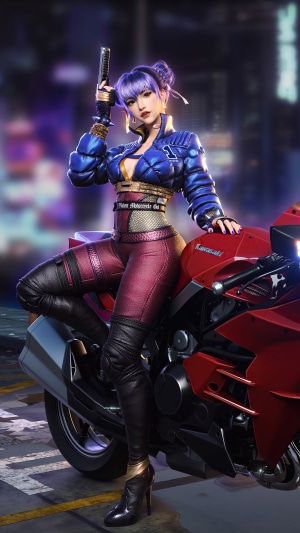 Woman with purple hair and gun on a motorcycle