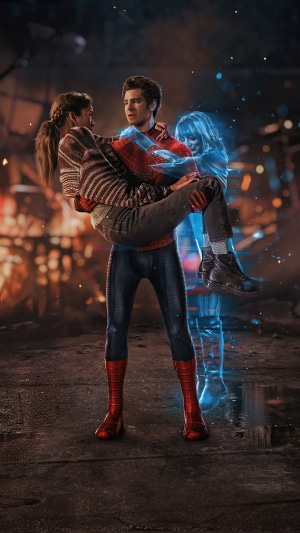 Spider-Man carrying Gwen Stacy with Ghost of Gwen Stacy