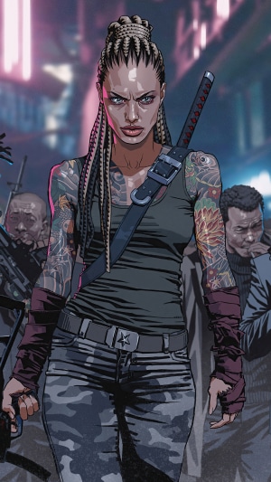 Woman with sword and tattoos in a city