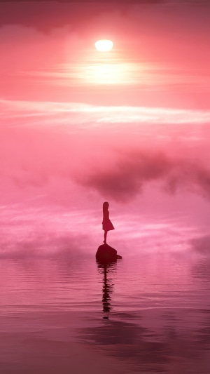 Girl standing on a rock in the water at sunset
