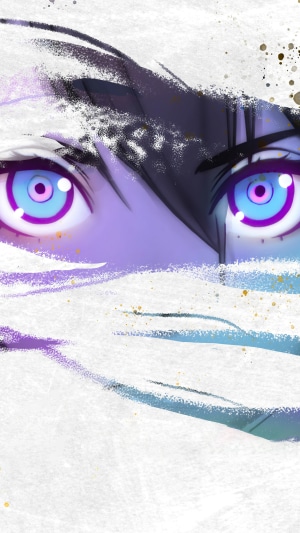 Close-up of anime eyes with purple and blue irises