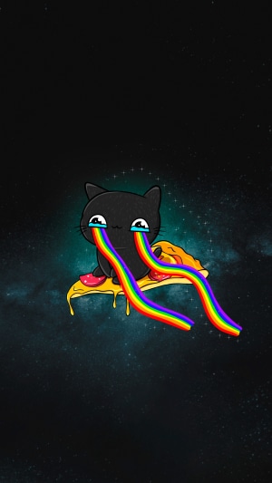 Black cat crying rainbows on pizza 4K