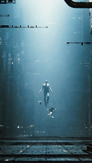 Man in suit floating in futuristic city 4K
